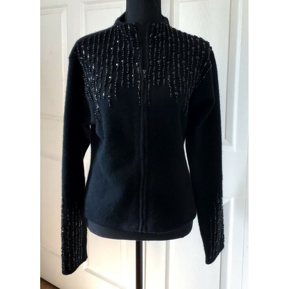 Vtg Belle Pointe Womens 100% Wool Knit Zip up Beaded Cardigan Sz M